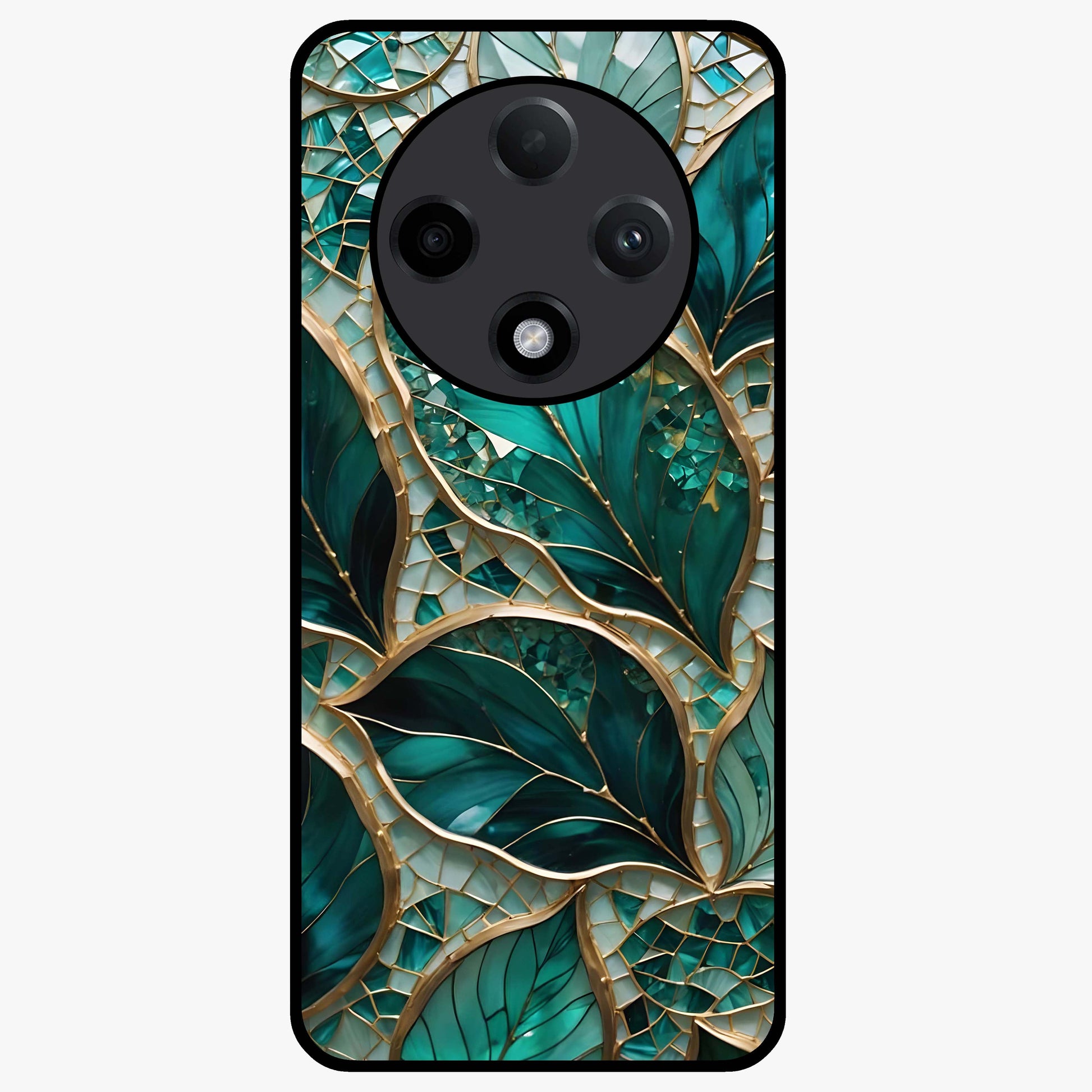 Emerald Leaf Glass Glass Case showing flat back view with emerald green leaf artwork and glossy glass finish.