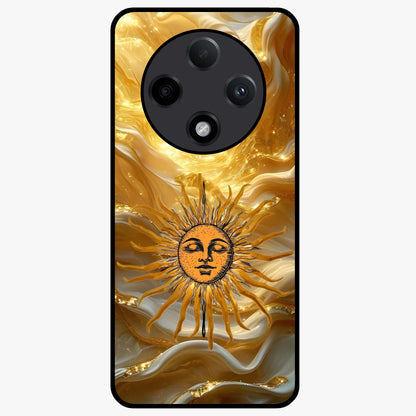 Eternal Golden Glow Glass Case showing flat back view with radiant golden themed artwork and glossy glass finish.