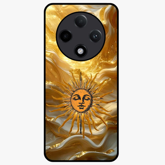 Eternal Golden Glow Glass Case showing flat back view with radiant golden themed artwork and glossy glass finish.