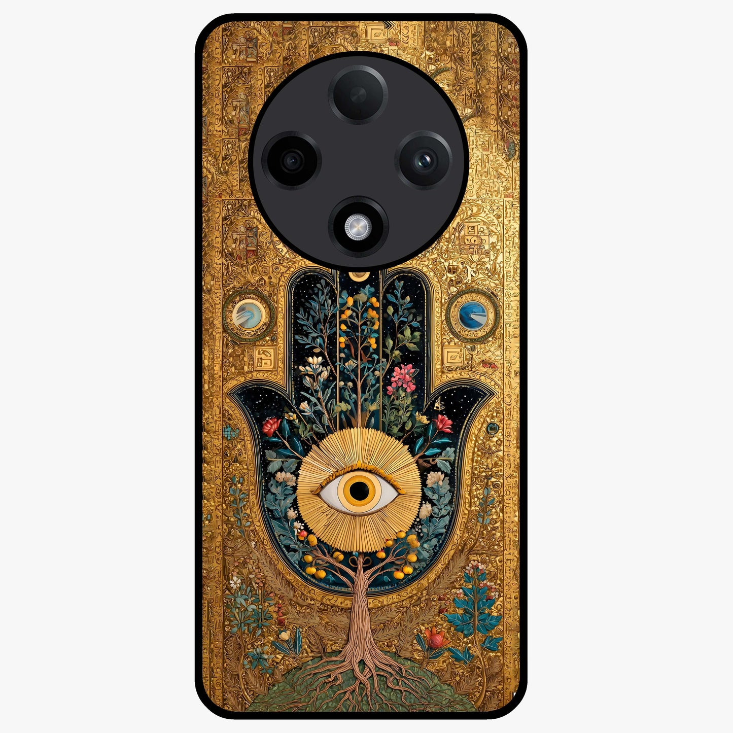 Ethereal Evil Eye Glass Case showing flat back view with mystical evil eye artwork and glossy glass finish.