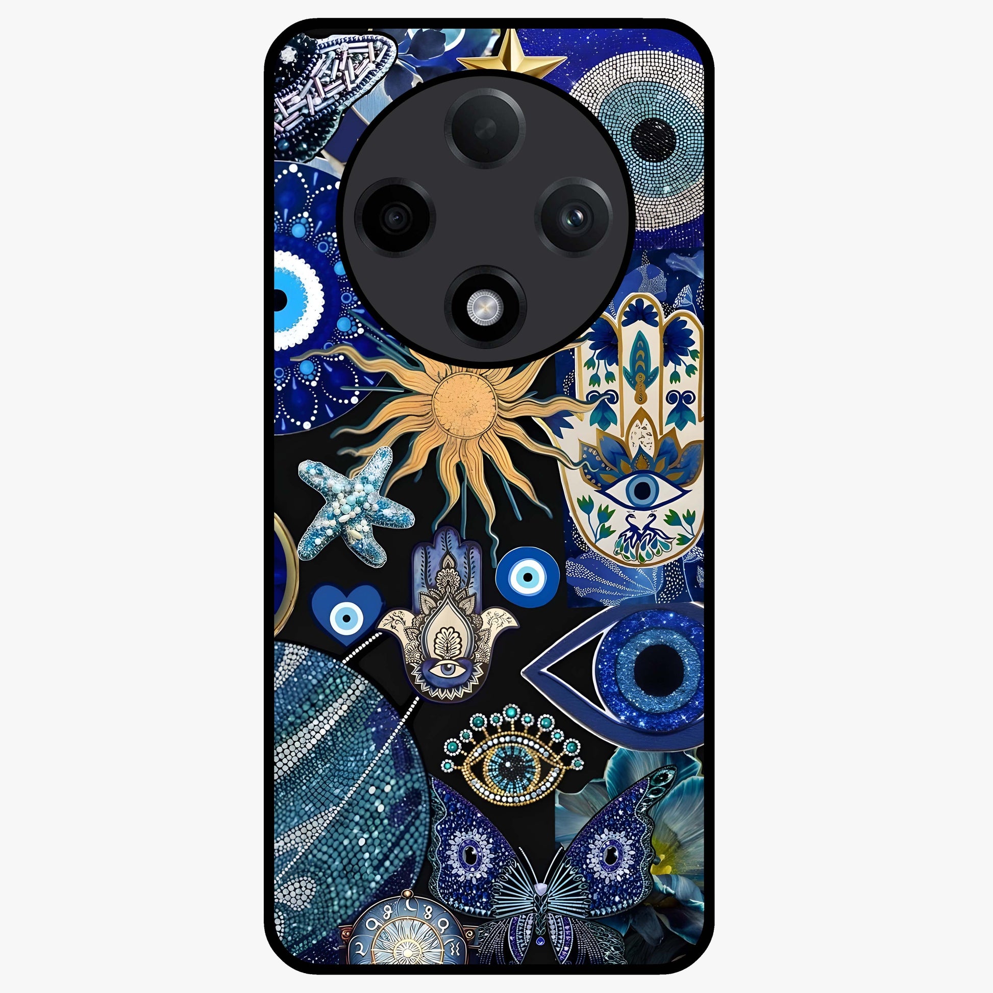 Evil Eye Charm Mix Glass Case showing flat back view with multiple evil eye charms artwork and glossy glass finish.