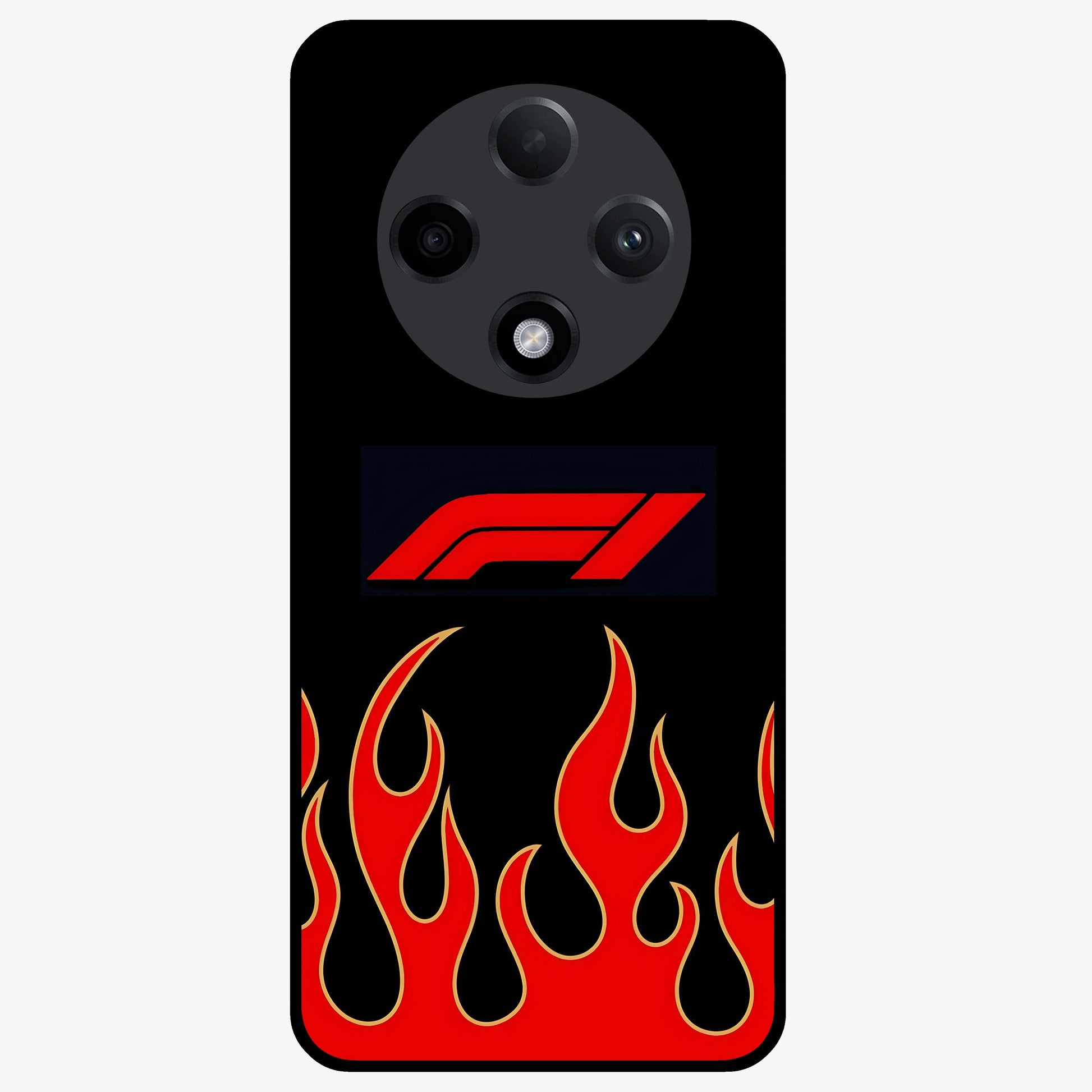 Fire F11 Glass Case showing flat back view with fiery themed artwork and glossy glass finish.