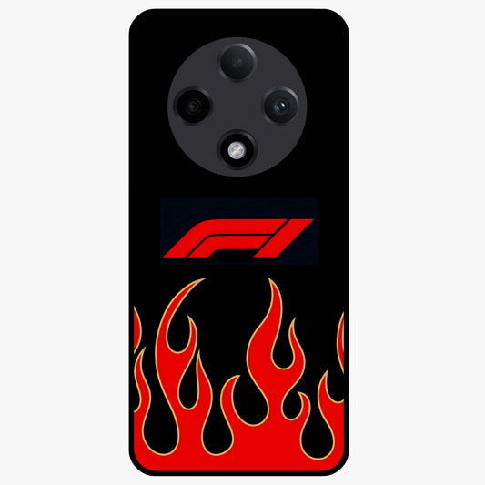 Fire F11 Glass Case showing flat back view with fiery themed artwork and glossy glass finish.