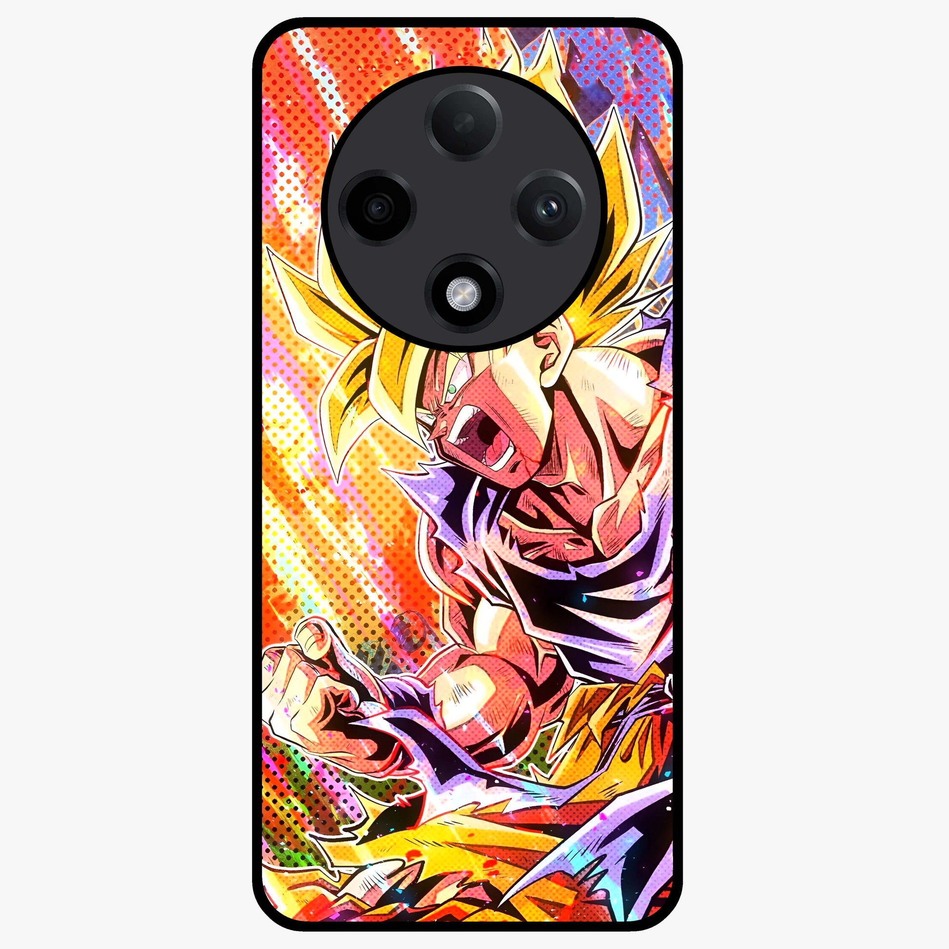 Firing Goku Glass Case showing flat back view with powerful anime inspired artwork and glossy glass finish.