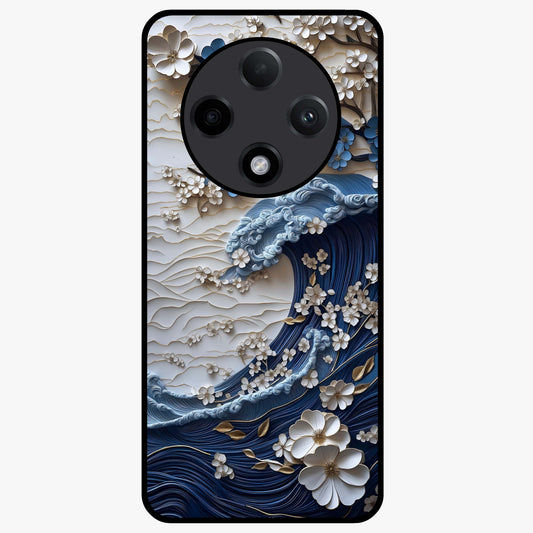Floral Wave Origami Glass Case showing flat back view with origami inspired floral wave artwork and glossy glass finish.