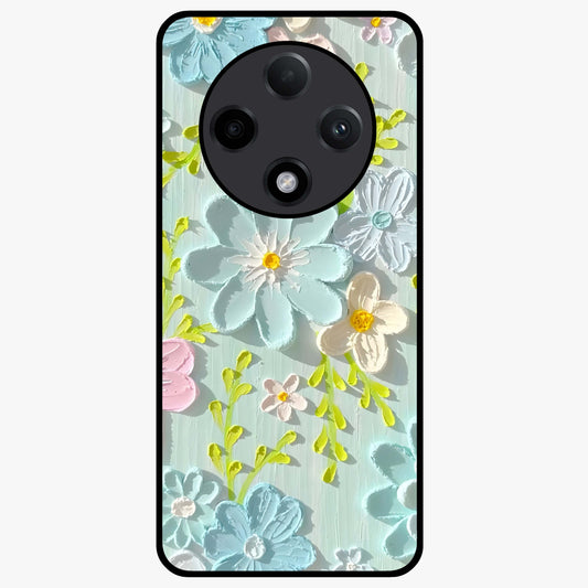 Frosted Petal Garden Glass Case showing flat back view with soft frosted floral artwork and glossy glass finish.