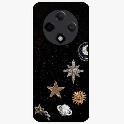 Galactic Charm Glow Glass Case showing flat back view with glowing celestial charm artwork and glossy glass finish.