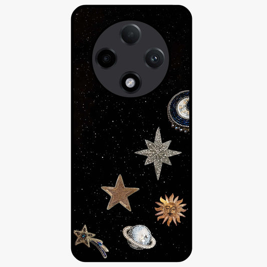 Galactic Charm Glow Glass Case showing flat back view with glowing celestial charm artwork and glossy glass finish.