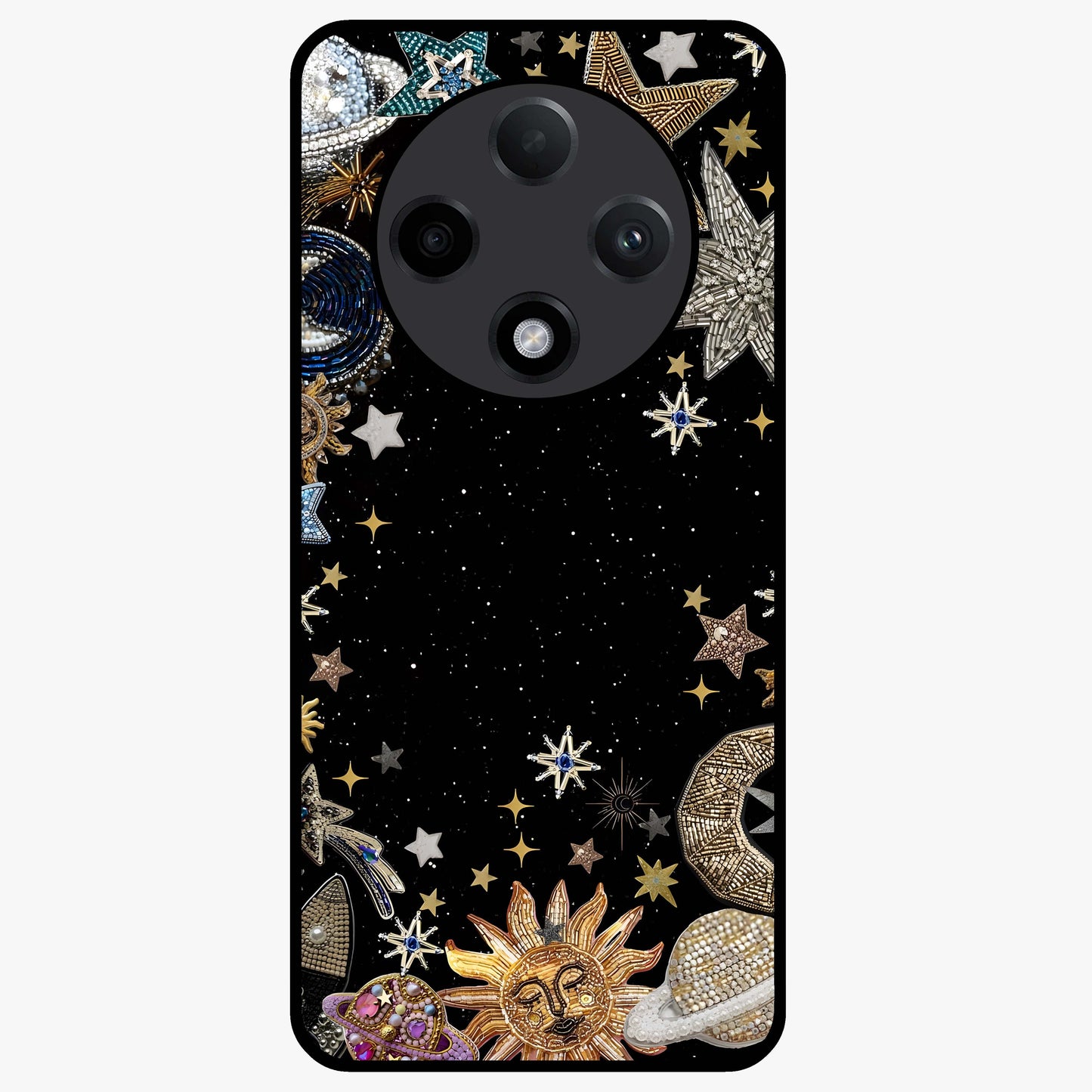 Galactic Jewel Stars Glass Case showing flat back view with sparkling star jewel artwork and glossy glass finish.