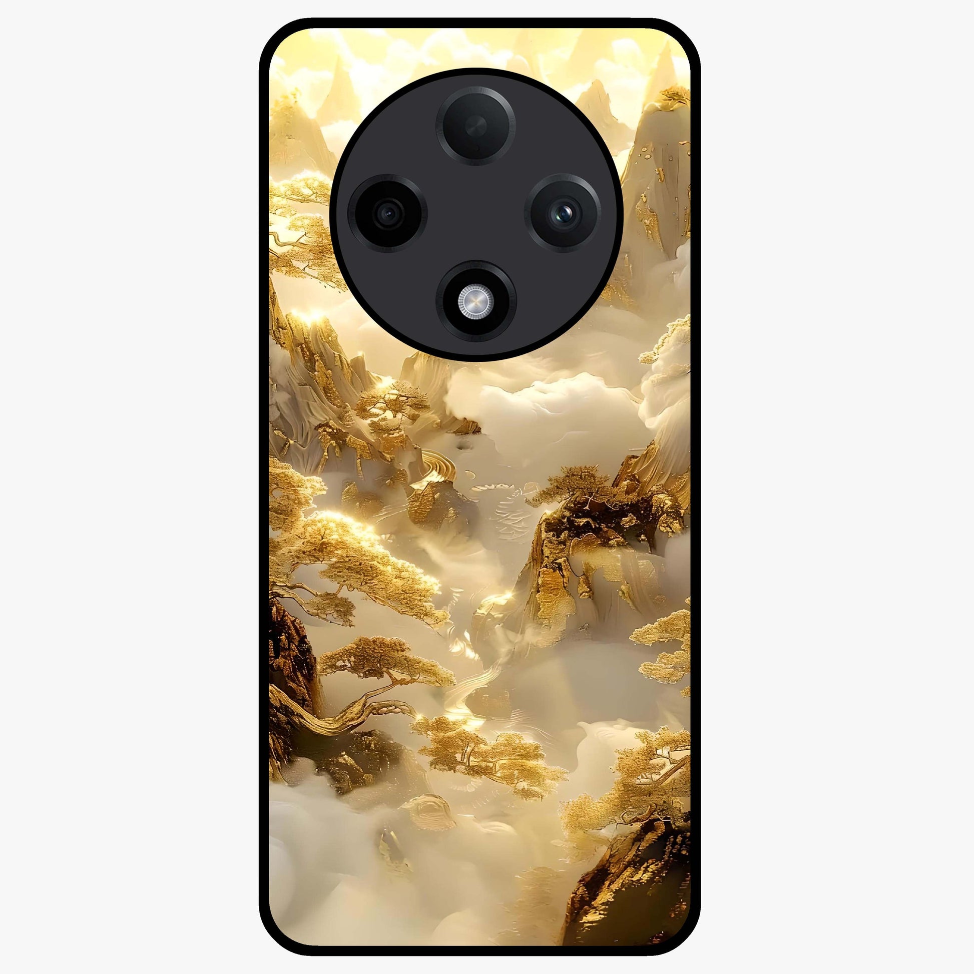 Gates Of Illumination Glass Case showing flat back view with mystical illuminated gate artwork and glossy glass finish.