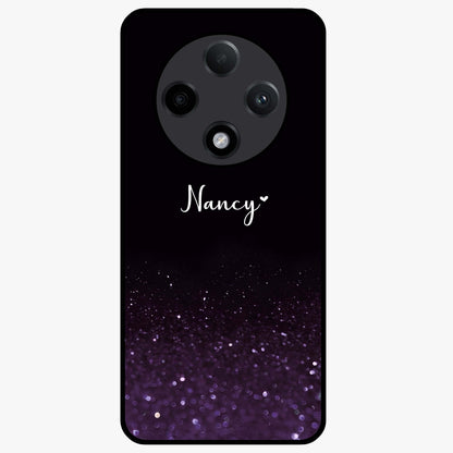 Glittery Purple Bokeh Custom Name Glass Case showing flat back view with purple bokeh sparkle artwork and personalized name design.