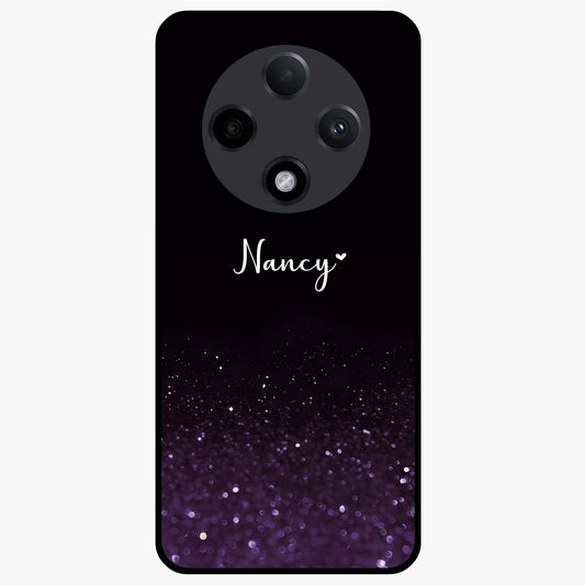 Glittery Purple Bokeh Custom Name Glass Case showing flat back view with purple bokeh sparkle artwork and personalized name design.