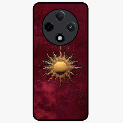 Gold Sun Blush Glass Case showing flat back view with golden sun inspired artwork and glossy glass finish.