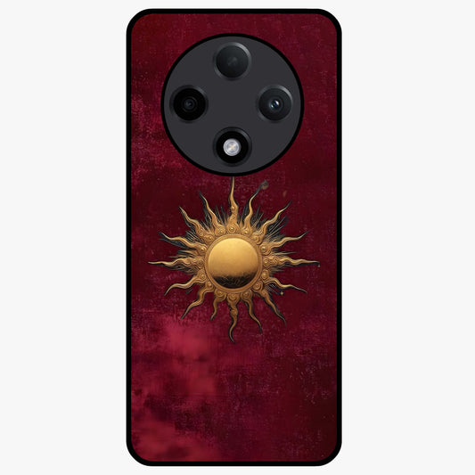 Gold Sun Blush Glass Case showing flat back view with golden sun inspired artwork and glossy glass finish.