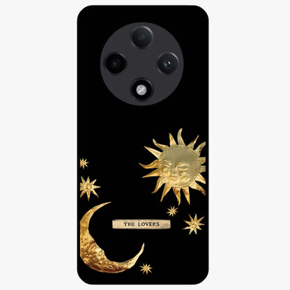 Golden Celestial Charm Glass Case showing flat back view with golden celestial charm artwork and glossy glass finish.