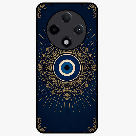 Golden Evil Eye Mandala Glass Case showing flat back view with intricate evil eye mandala artwork and glossy glass finish.