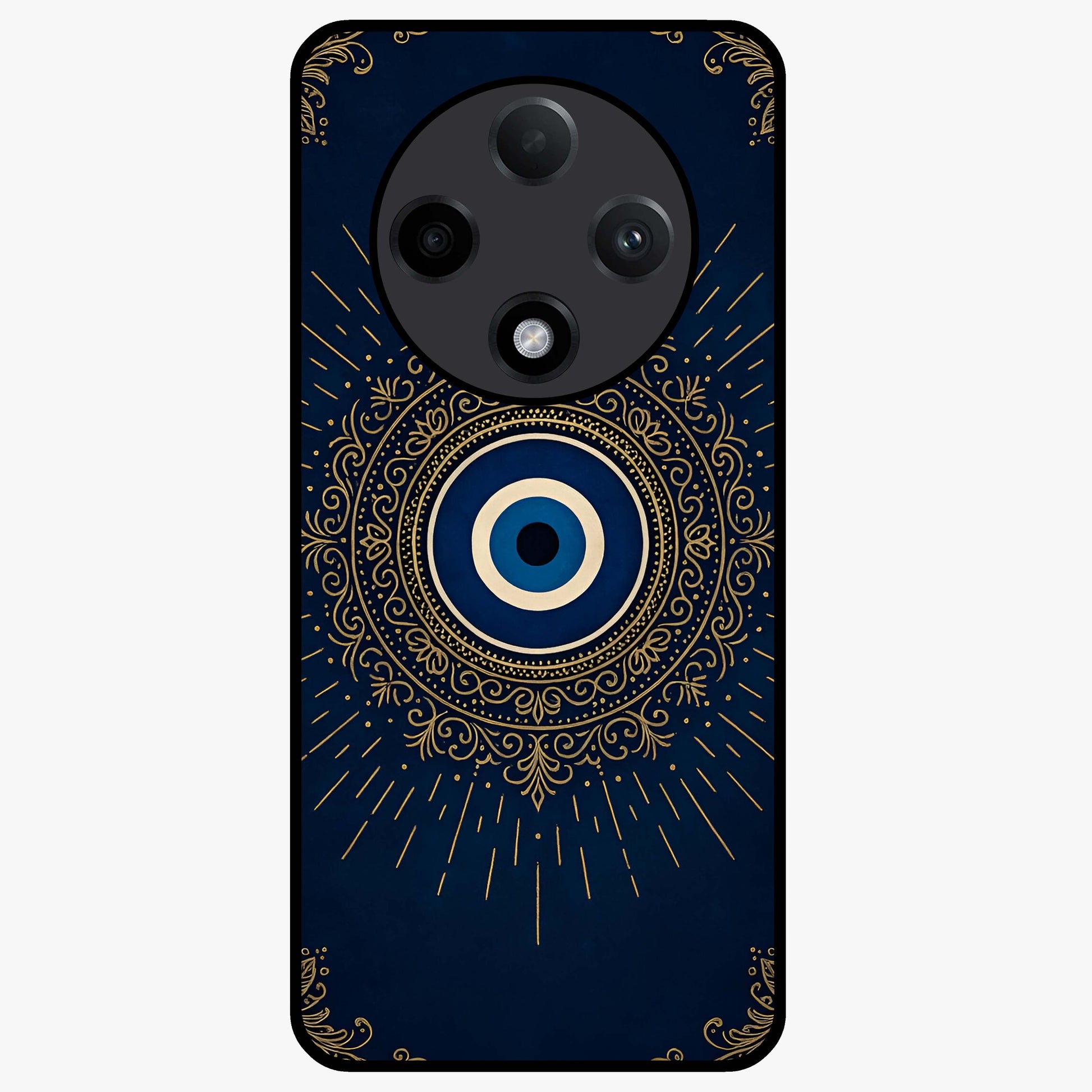 Golden Evil Eye Mandala Glass Case showing flat back view with intricate evil eye mandala artwork and glossy glass finish.