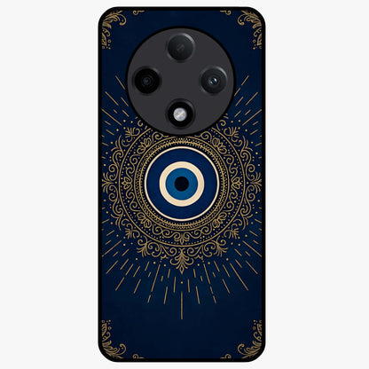 Golden Evil Eye Mandala Glass Case showing flat back view with intricate evil eye mandala artwork and glossy glass finish.