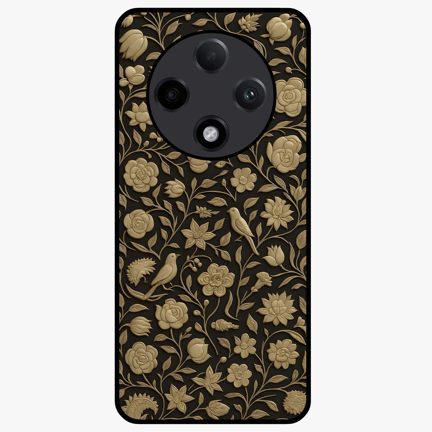 Golden Floral Majesty Glass Case showing flat back view with luxurious golden floral artwork and glossy glass finish.