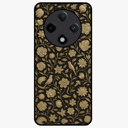 Golden Floral Majesty Glass Case showing flat back view with luxurious golden floral artwork and glossy glass finish.