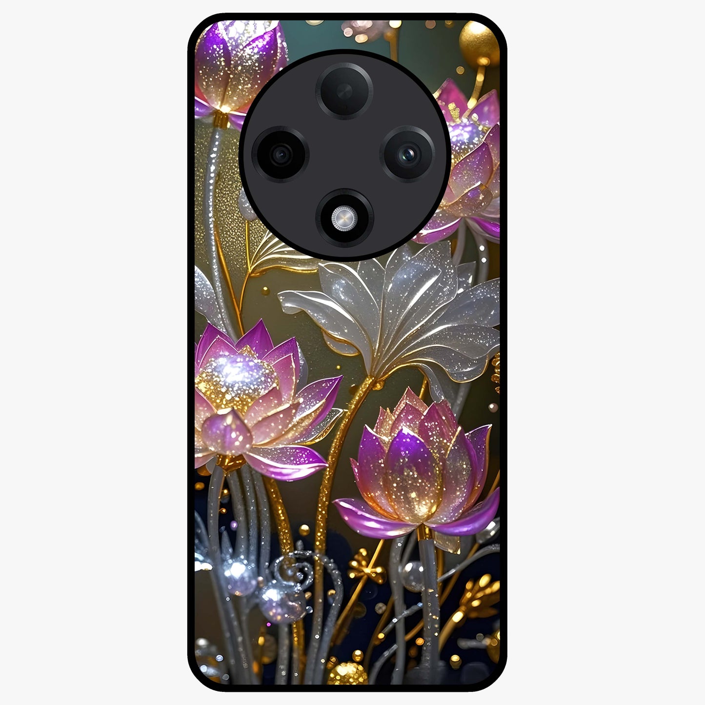 Golden Lotus Glow Glass Case showing flat back view with glowing lotus flower artwork and glossy glass finish.