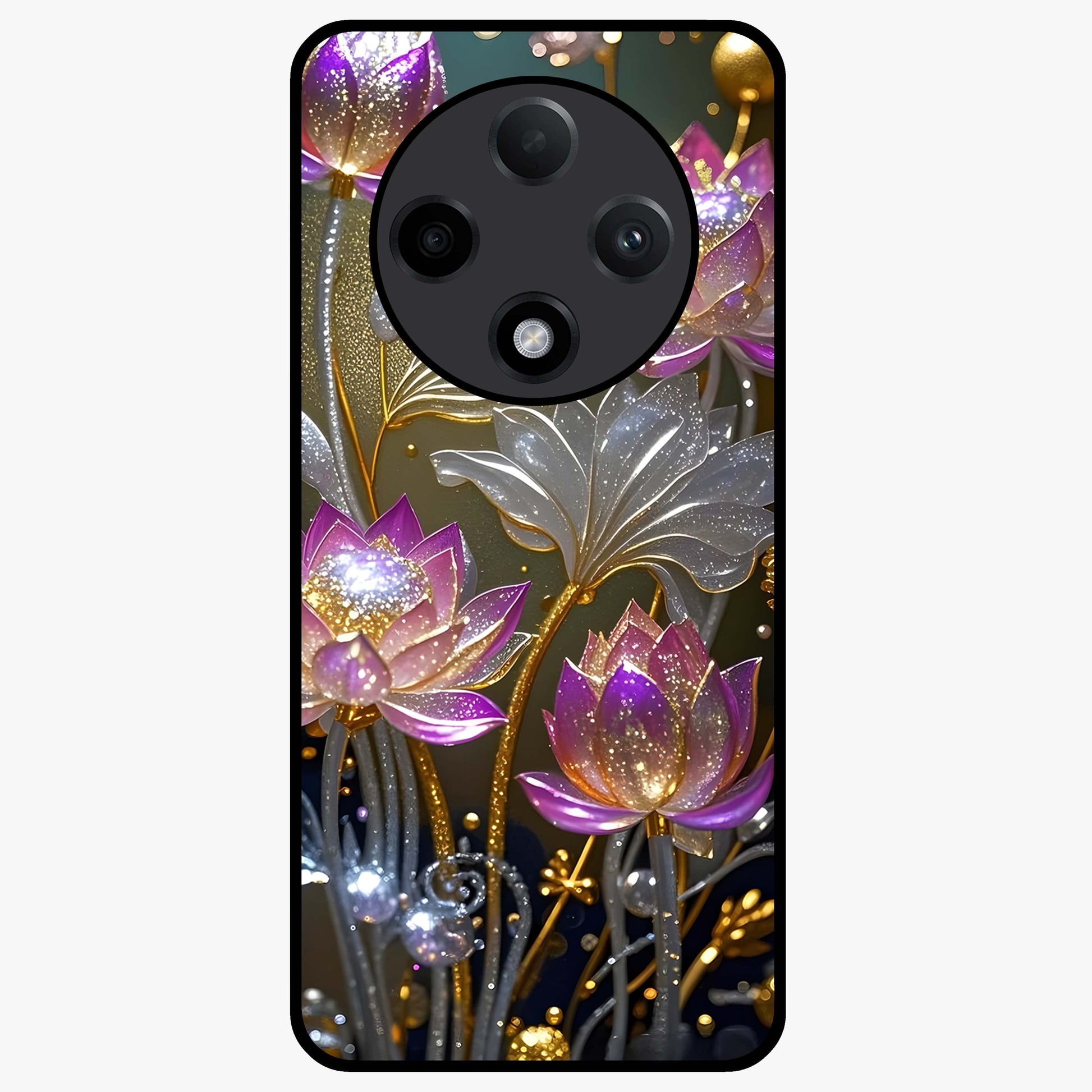 Golden Lotus Glow Glass Case showing flat back view with glowing lotus flower artwork and glossy glass finish.