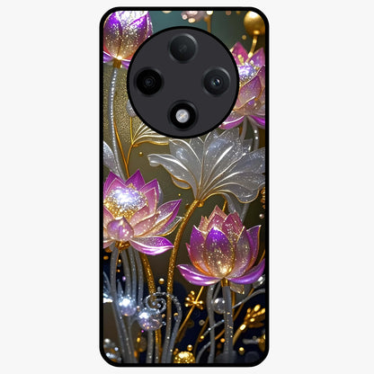 Golden Lotus Glow Glass Case showing flat back view with glowing lotus flower artwork and glossy glass finish.