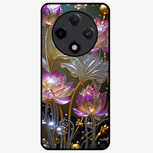 Golden Lotus Glow Glass Case showing flat back view with glowing lotus flower artwork and glossy glass finish.