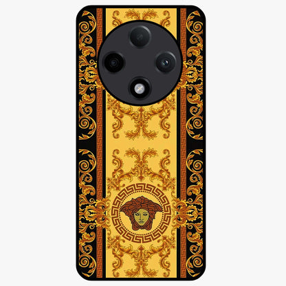 Golden Royal Heritage Glass Case showing flat back view with ornate royal pattern artwork and glossy glass finish.