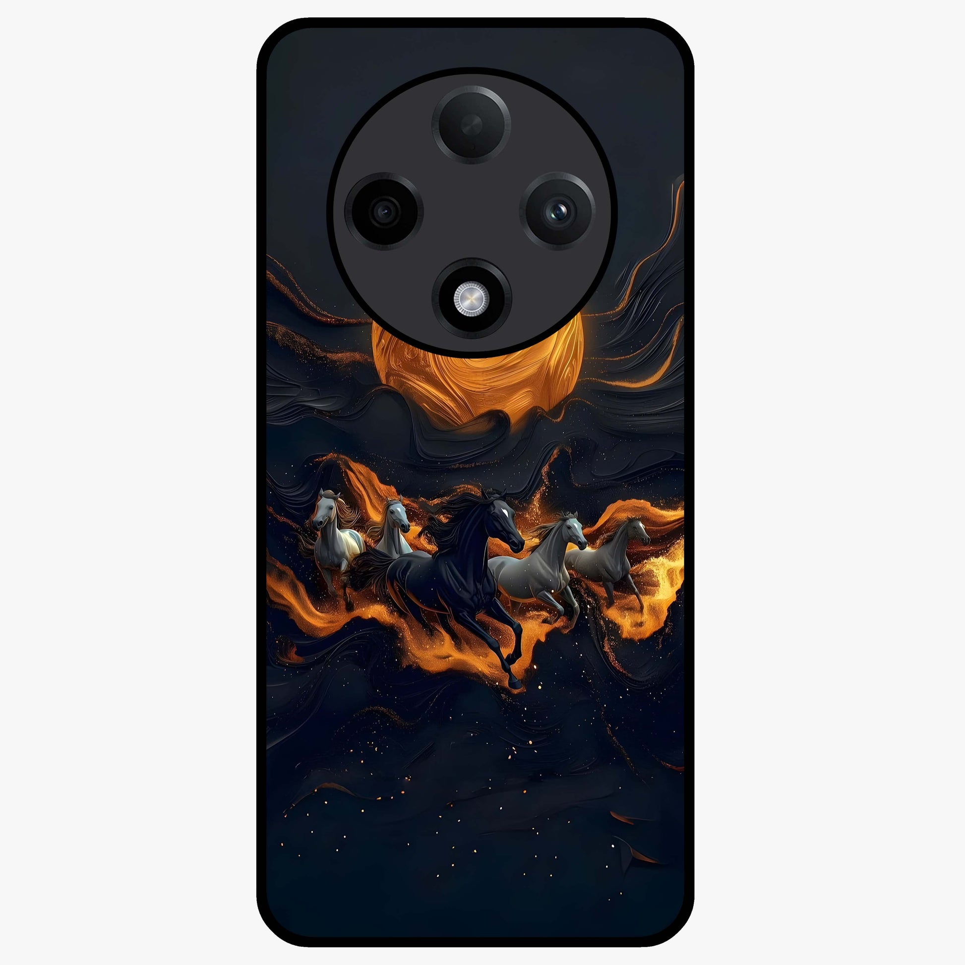 Golden Stallion Moonride Glass Case showing flat back view with majestic horse under moonlight artwork and glossy glass finish.