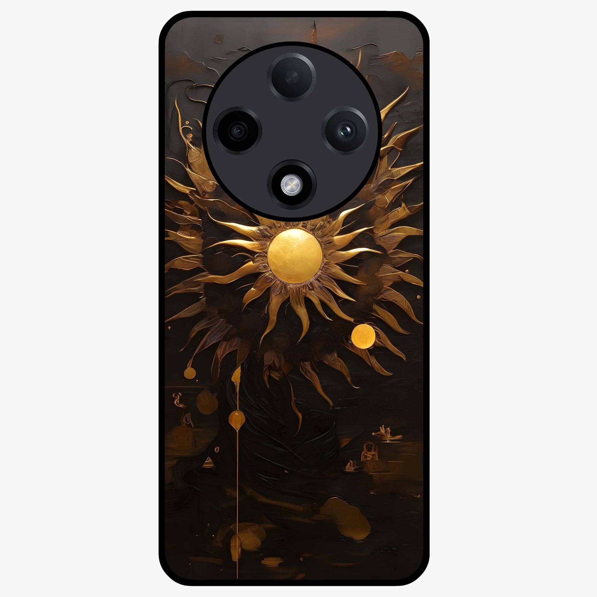 Golden Sun Majesty Glass Case showing flat back view with radiant golden sun artwork and glossy glass finish.