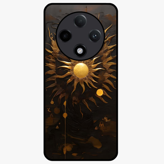 Golden Sun Majesty Glass Case showing flat back view with radiant golden sun artwork and glossy glass finish.