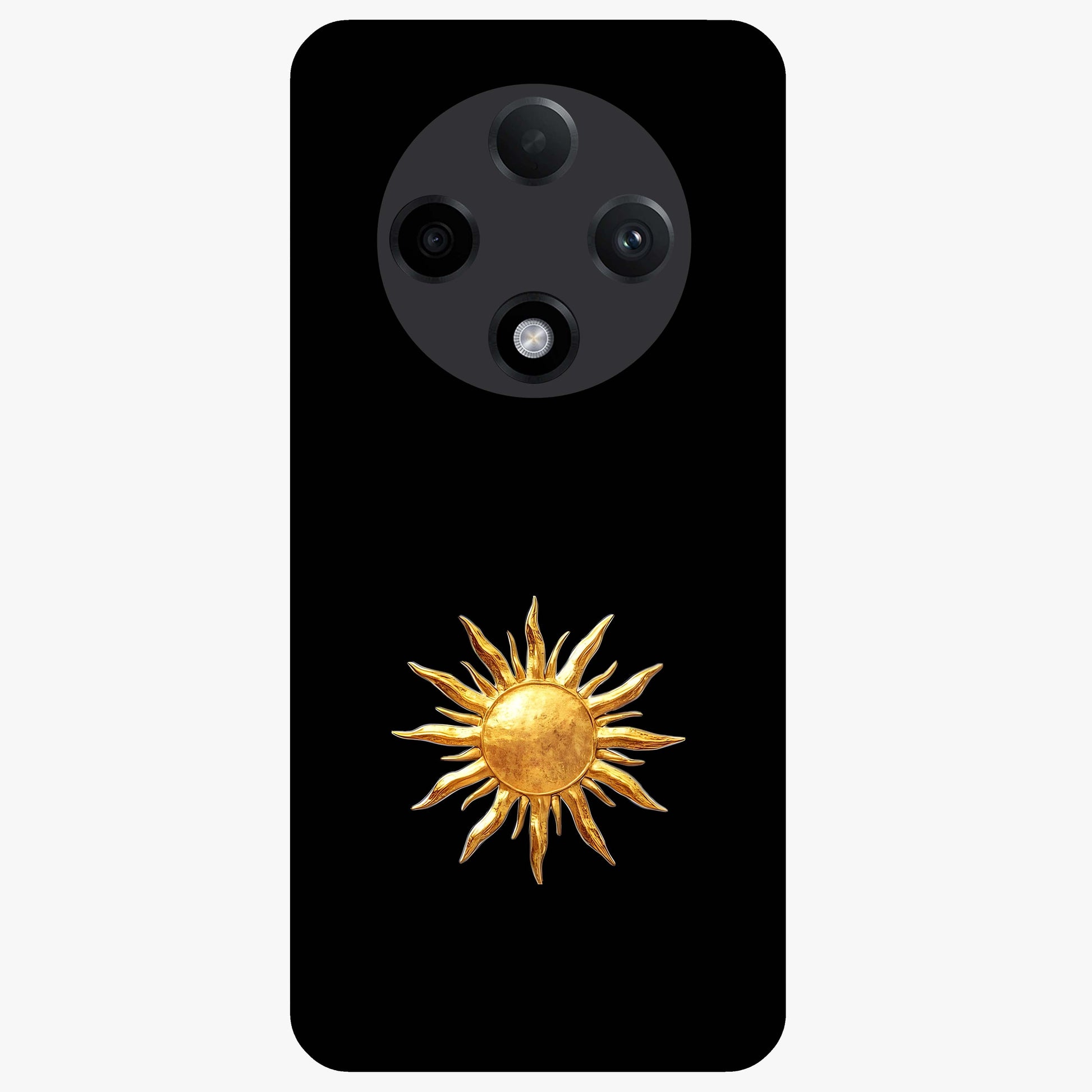 Golden Sun Minimalism Glass Case showing flat back view with minimal golden sun artwork and glossy glass finish.
