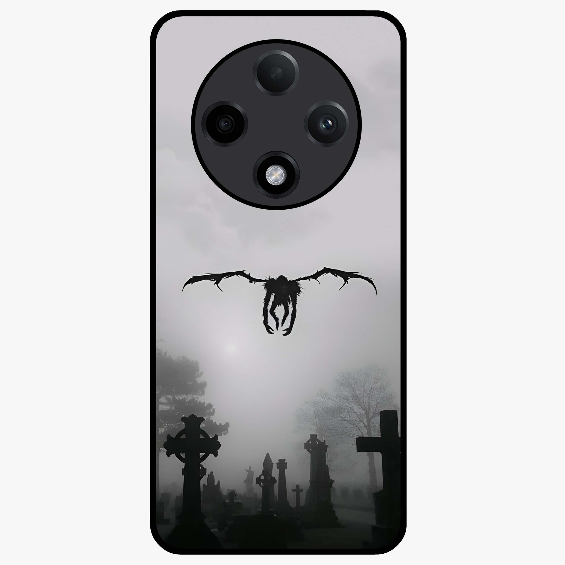 Graveyard Shadow Descent Glass Case showing flat back view with dark graveyard themed artwork and glossy glass finish.
