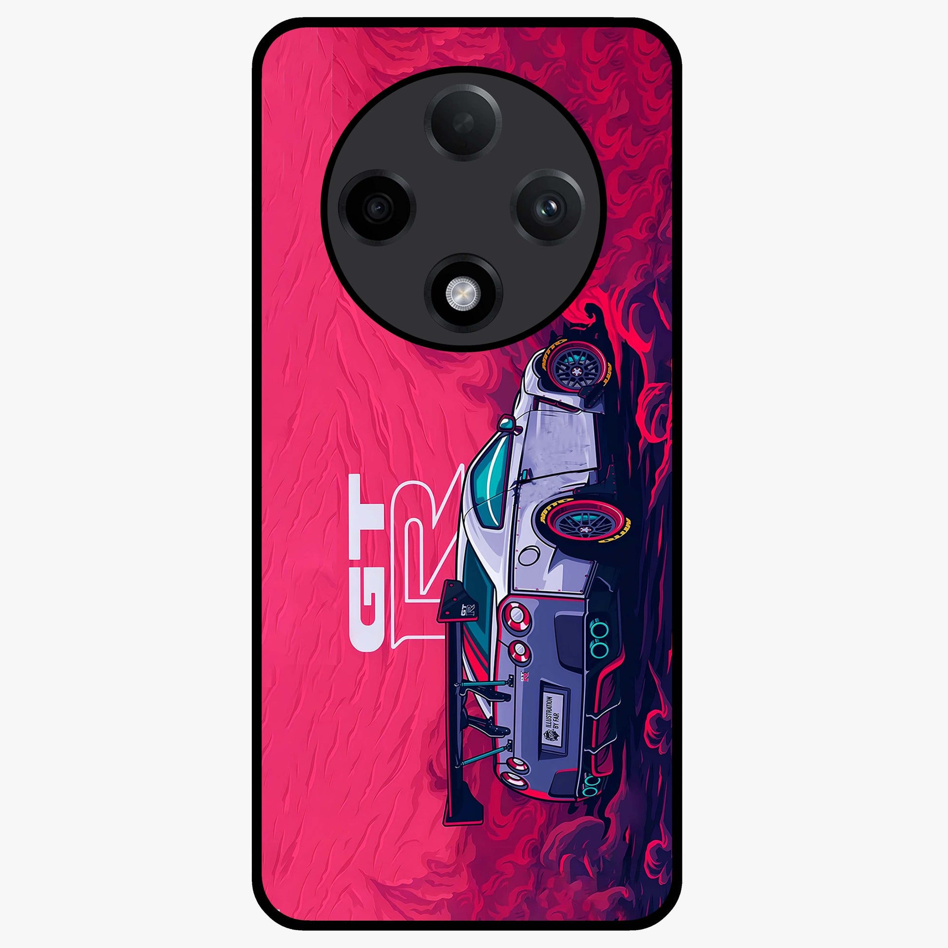 GT-R Car Pattern Glass Case showing flat back view with sporty car inspired pattern artwork and glossy glass finish.