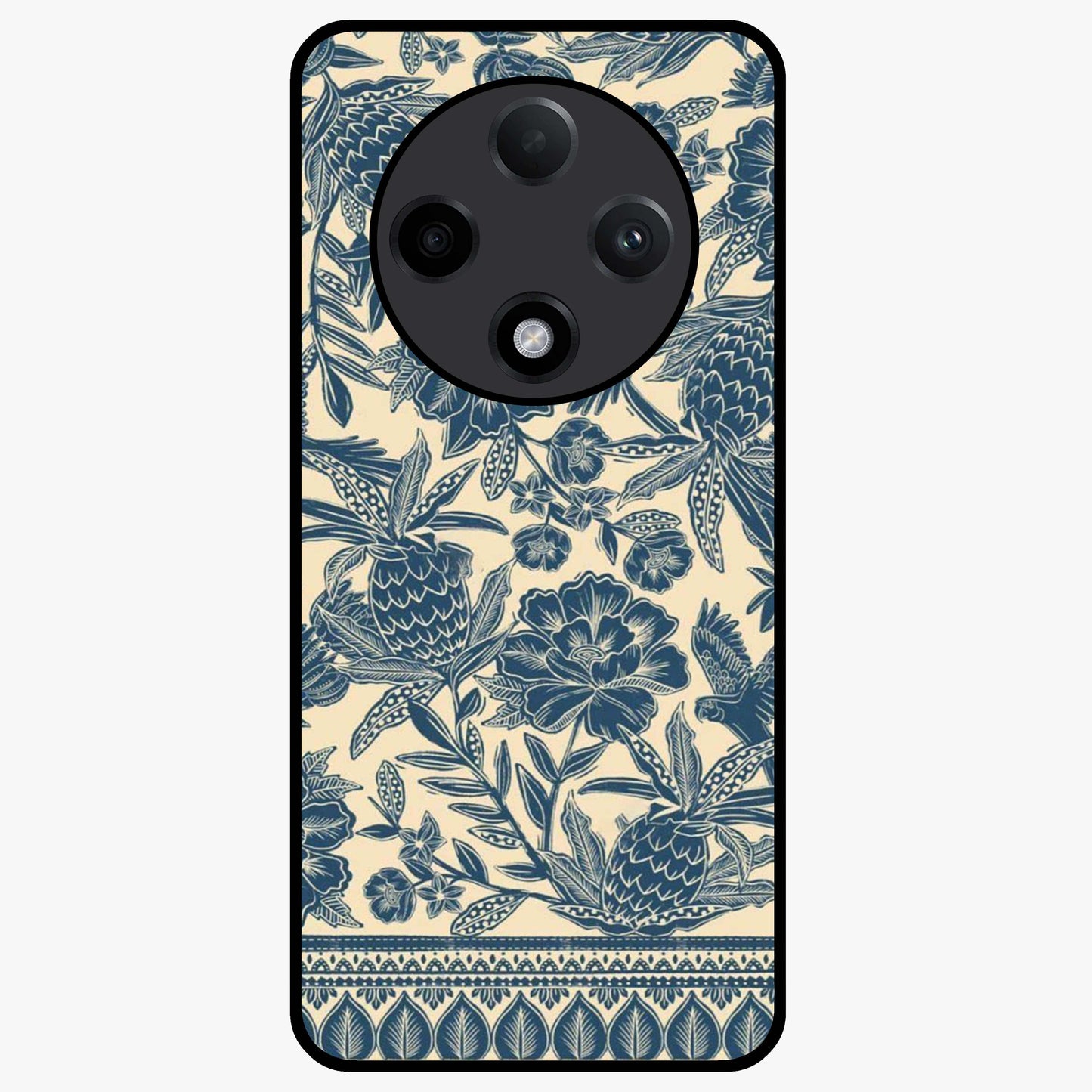 Heirloom Wild Bloom Glass Case showing flat back view with vintage inspired wild flower artwork and glossy glass finish.