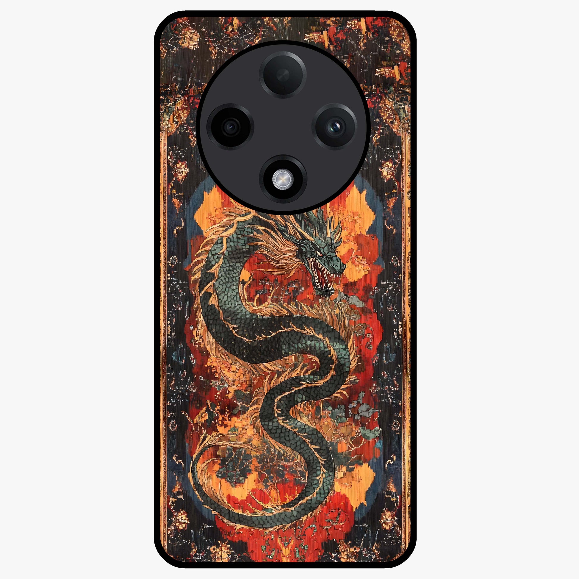 Inferno Dragon Soul Glass Case showing flat back view with fiery dragon artwork and glossy glass finish.