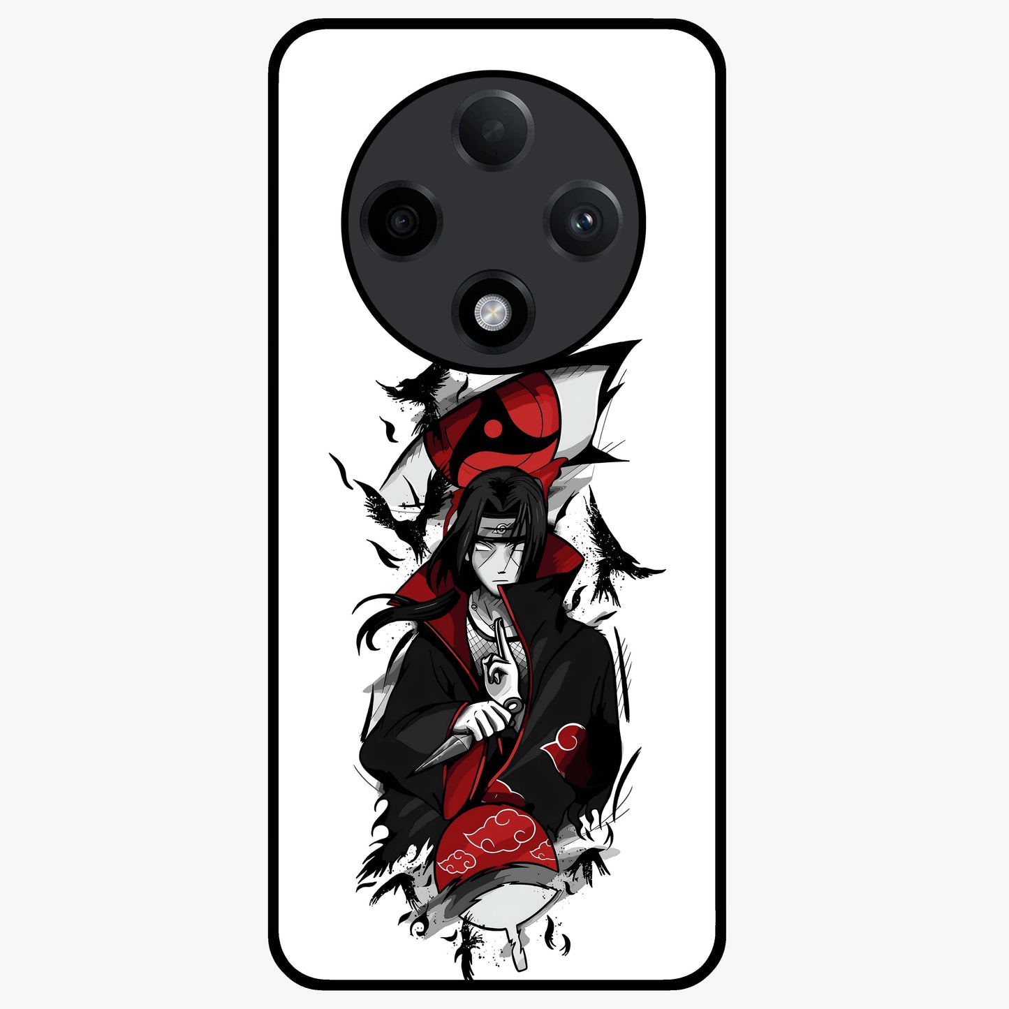 Itachi Sharingan Glass Case showing flat back view with powerful anime eye artwork and glossy glass finish.