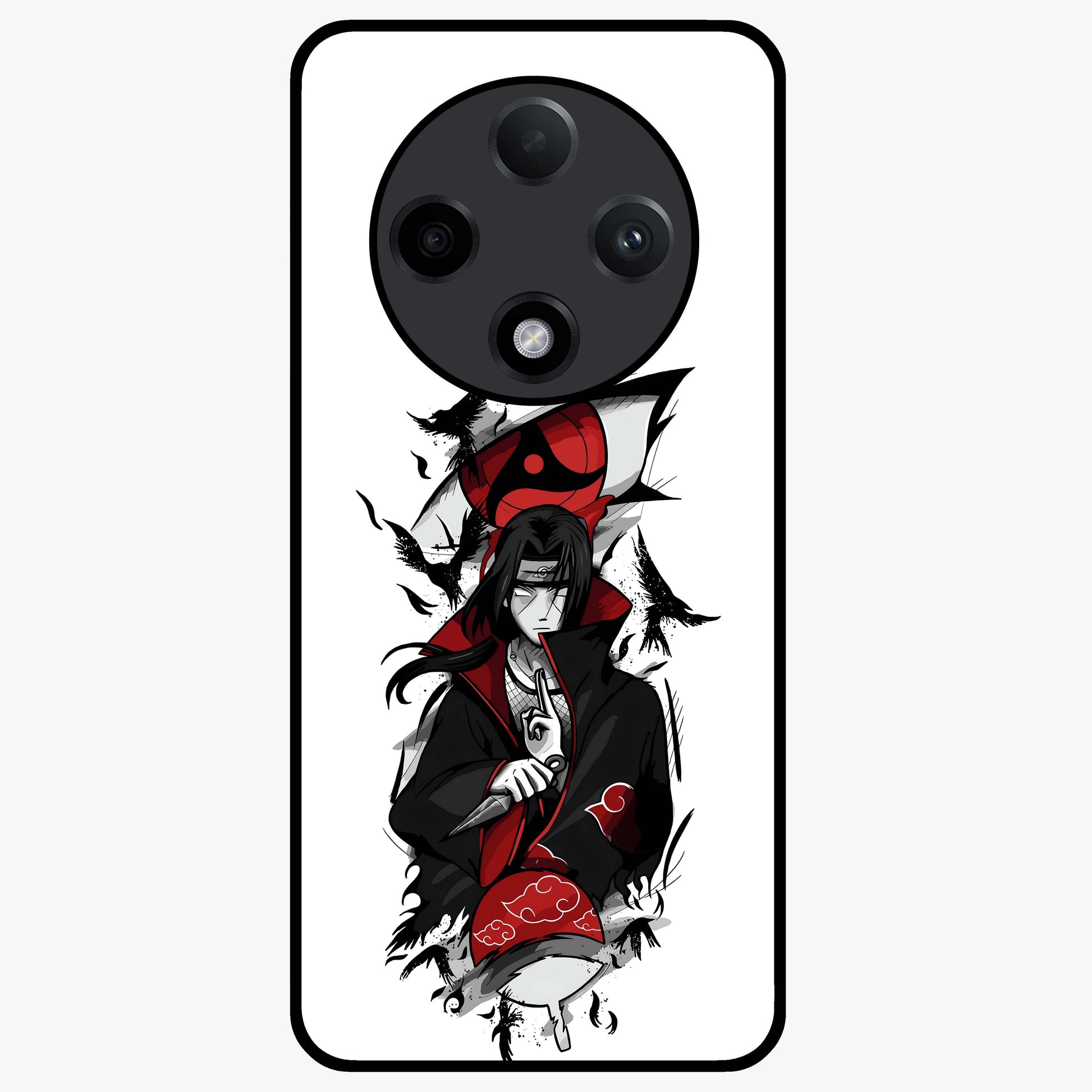 Itachi Sharingan Glass Case showing flat back view with powerful anime eye artwork and glossy glass finish.