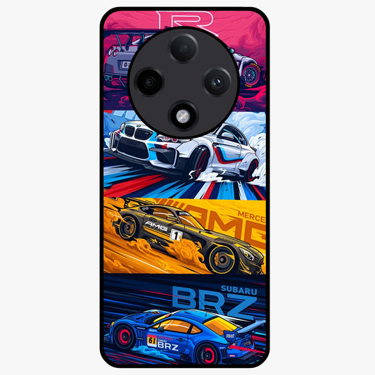 JDM Sports Car Glass Case showing flat back view with high performance sports car artwork and glossy glass finish.