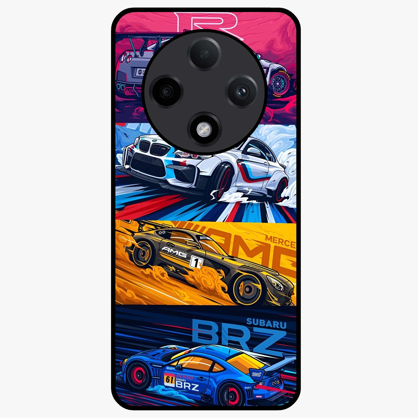 JDM Sports Car Glass Case showing flat back view with high performance sports car artwork and glossy glass finish.
