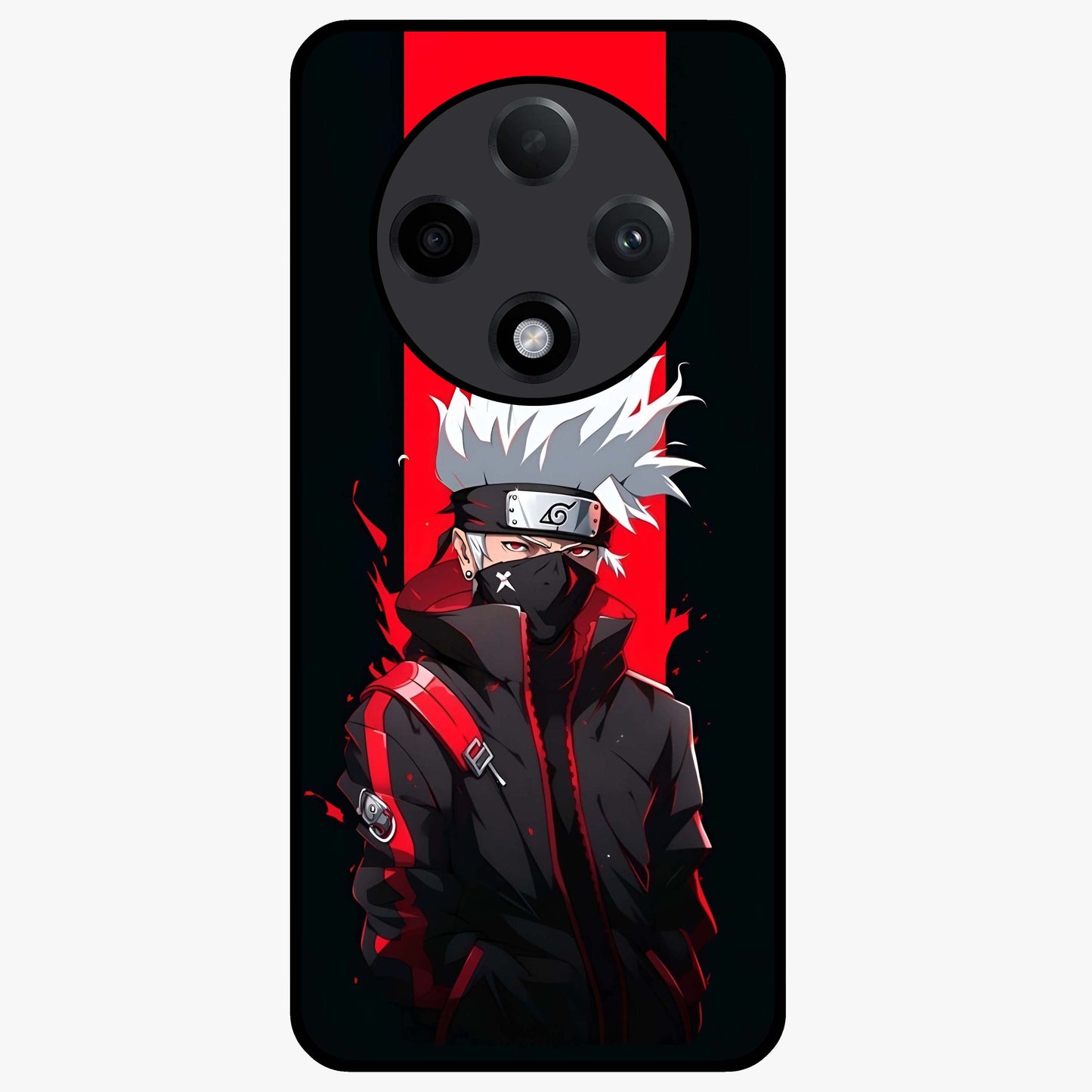 Kakashi Scarlet Shadow Glass Case showing flat back view with powerful anime ninja artwork and glossy glass finish.