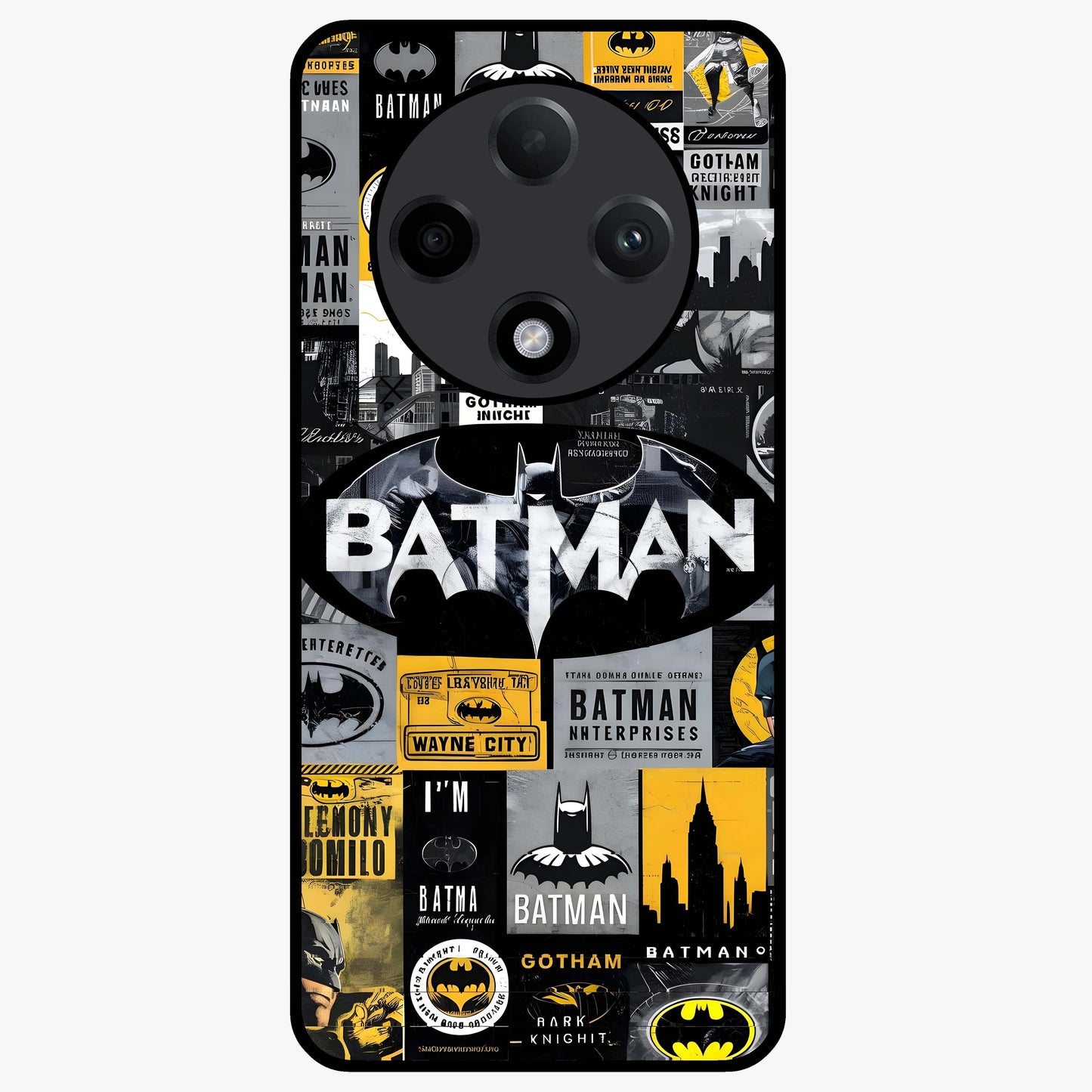 Knight Gotham Rise Glass Case showing flat back view with dark hero inspired artwork and glossy glass finish.