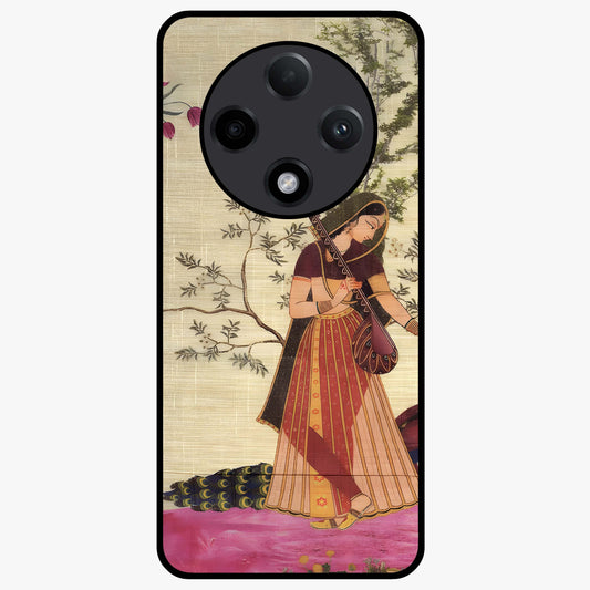 Lady With Veena Art Glass Case showing flat back view with elegant woman playing veena artwork and glossy glass finish.