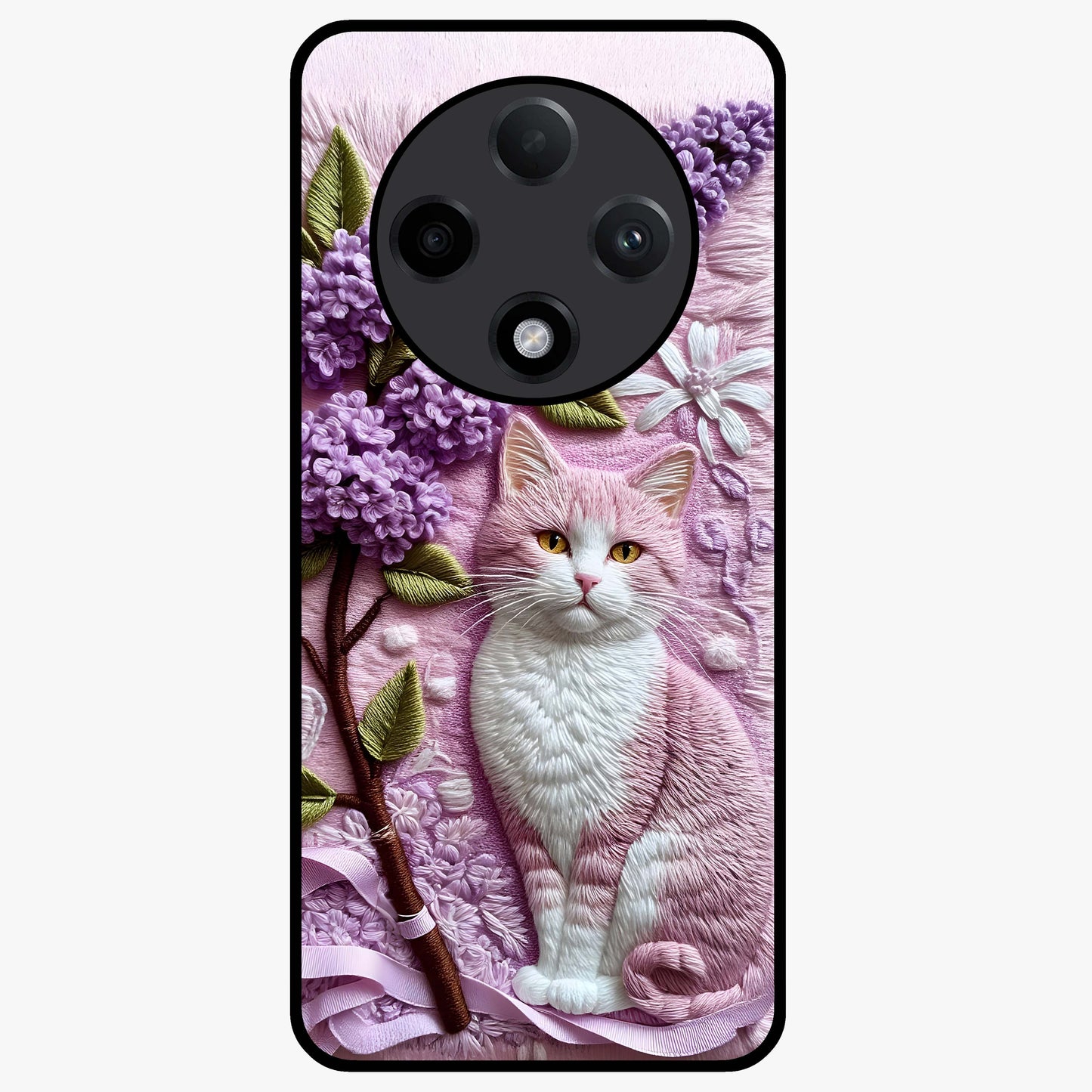 Lavender Cat Whimsy Glass Case showing flat back view with cute lavender cat artwork and glossy glass finish.