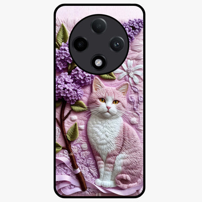 Lavender Cat Whimsy Glass Case showing flat back view with cute lavender cat artwork and glossy glass finish.
