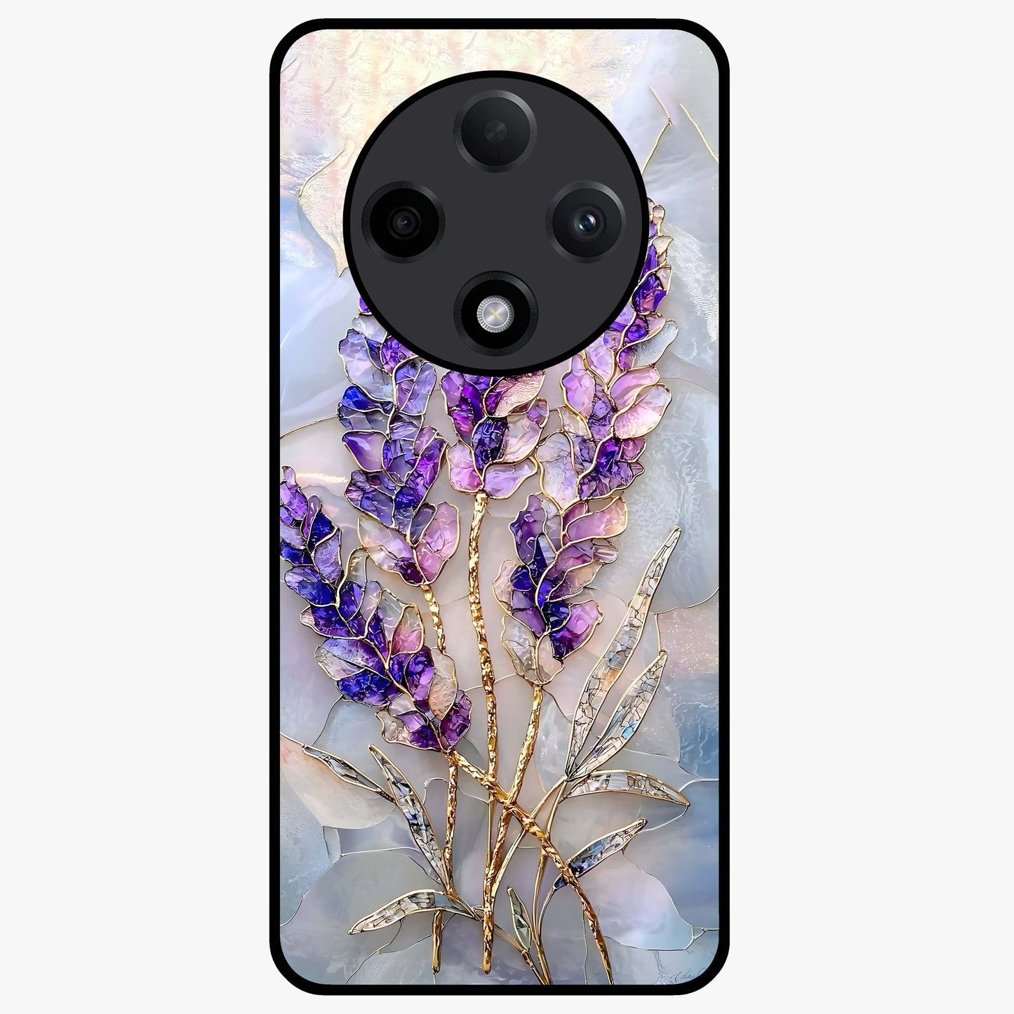Lavender Dream Glow Glass Case showing flat back view with glowing lavender aesthetic artwork and glossy glass finish.