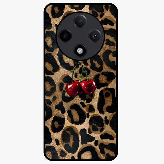Leopard Wild Cherry Glass Case showing flat back view with leopard pattern and cherry artwork and glossy glass finish.
