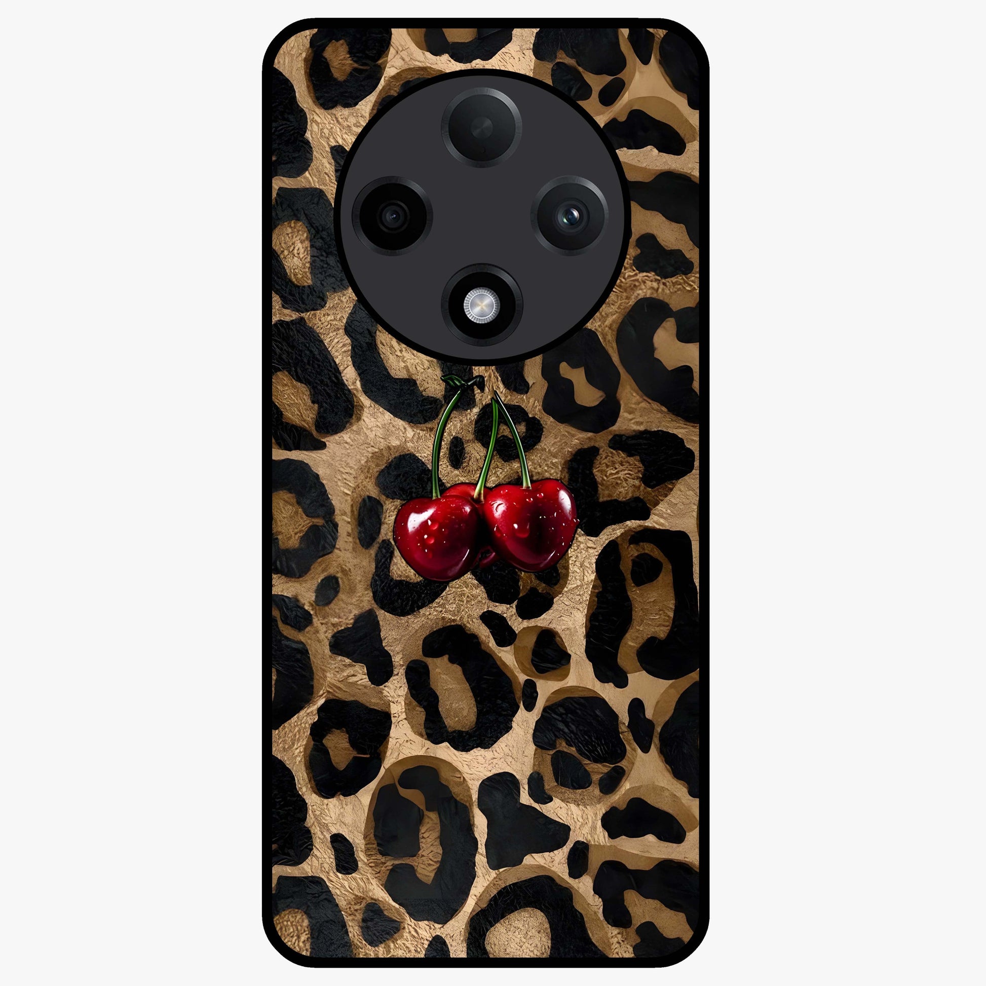 Leopard Wild Cherry Glass Case showing flat back view with leopard pattern and cherry artwork and glossy glass finish.