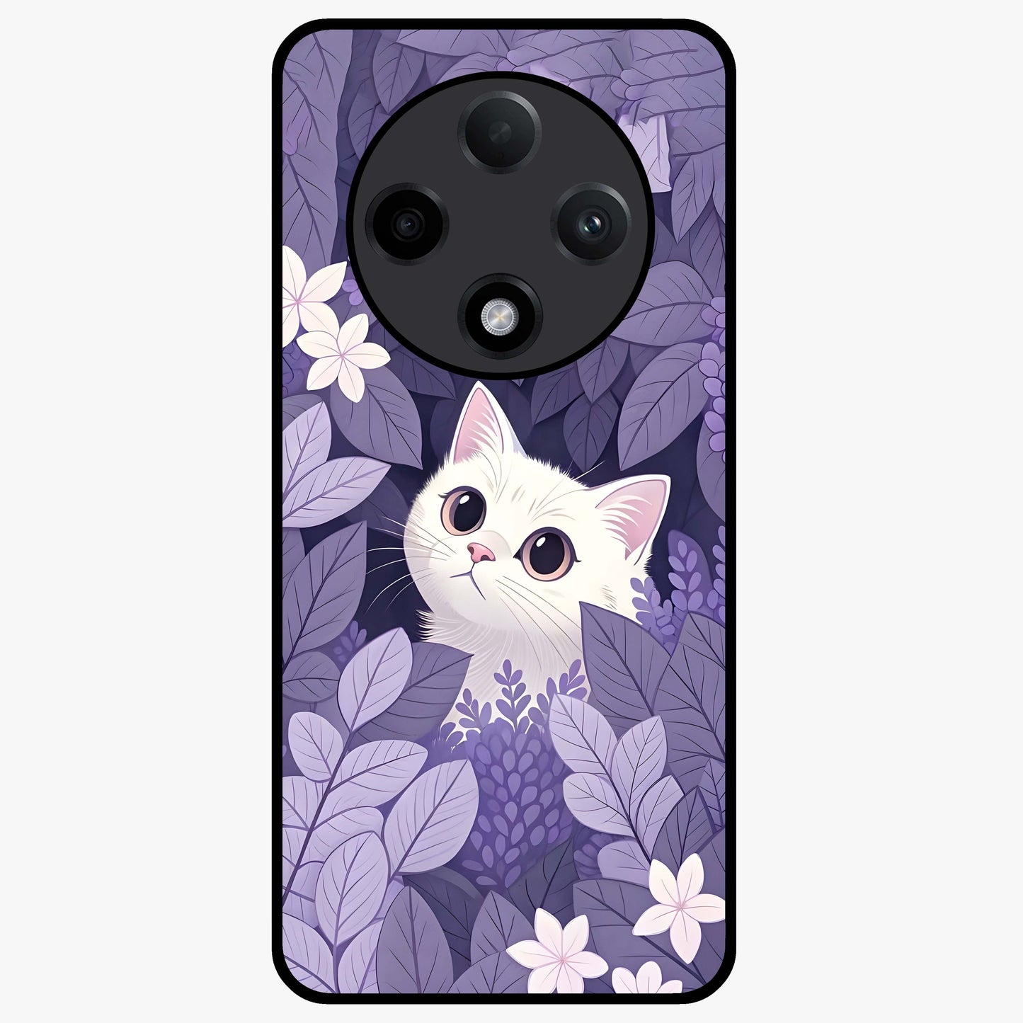 Lilac Hide Peek Cat Glass Case showing flat back view with cute peeking cat artwork and glossy glass finish.